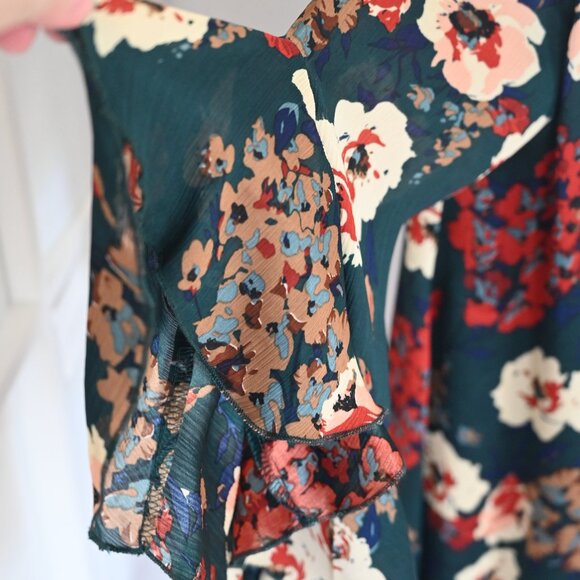 Umgee Women's Mini Dress Tunic Floral Large Open 3/4 Slv Hippie Boho Green - Picture 5 of 7